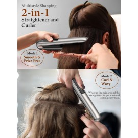 2-in-1 Cordless Hair Straightener and Curler, Portable Mini Flat Iron with Rechargeable, Wireless Curling Iron for Travel