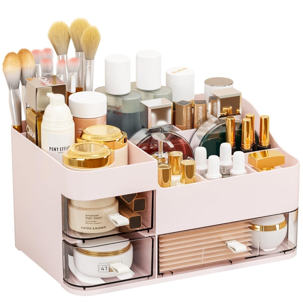 SuoXing Pink Makeup Organizer for Vanity,Large Plastic Skincare Organizers With Drawers,Bathroom Counter Organizer Cosmetic Storage for Dresser Top Skin Care,Lotion,Beauty Products and Brush Holder