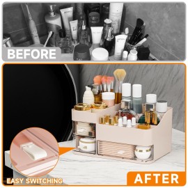 SuoXing Pink Makeup Organizer for Vanity,Large Plastic Skincare Organizers With Drawers,Bathroom Counter Organizer Cosmetic Storage for Dresser Top Skin Care,Lotion,Beauty Products and Brush Holder