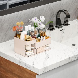 SuoXing Pink Makeup Organizer for Vanity,Large Plastic Skincare Organizers With Drawers,Bathroom Counter Organizer Cosmetic Storage for Dresser Top Skin Care,Lotion,Beauty Products and Brush Holder