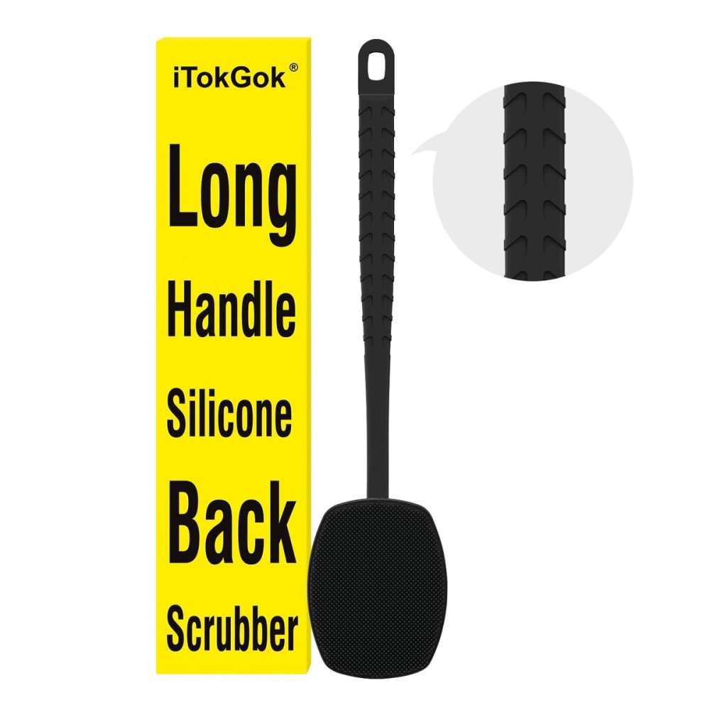 iTokGoK All New Premium Silicone Back Scrubber with Tire Anti-Slip Long Handle for Shower, Gentle Exfoliating and Massage Brush Scrubber for Sensitive Skin for Men and Women (Black)