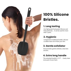 iTokGoK All New Premium Silicone Back Scrubber with Tire Anti-Slip Long Handle for Shower, Gentle Exfoliating and Massage Brush Scrubber for Sensitive Skin for Men and Women (Black)