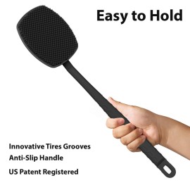 iTokGoK All New Premium Silicone Back Scrubber with Tire Anti-Slip Long Handle for Shower, Gentle Exfoliating and Massage Brush Scrubber for Sensitive Skin for Men and Women (Black)