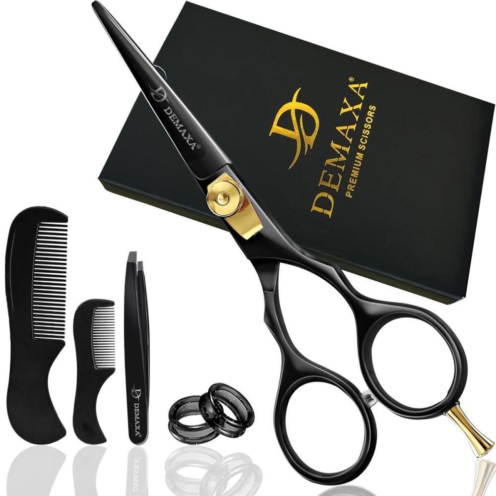 DEMAXA 5.5 Beard and Mustache Scissors Set with Beard Mustache Comb, Rust-Proof, Professionally Sharpened for Precision Trimming with Tweezers, Beard Scissors for Perfect Gift-Premium Black Scissors