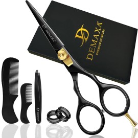 DEMAXA 5.5 Beard and Mustache Scissors Set with Beard Mustache Comb, Rust-Proof, Professionally Sharpened for Precision Trimming with Tweezers, Beard Scissors for Perfect Gift-Premium Black Scissors