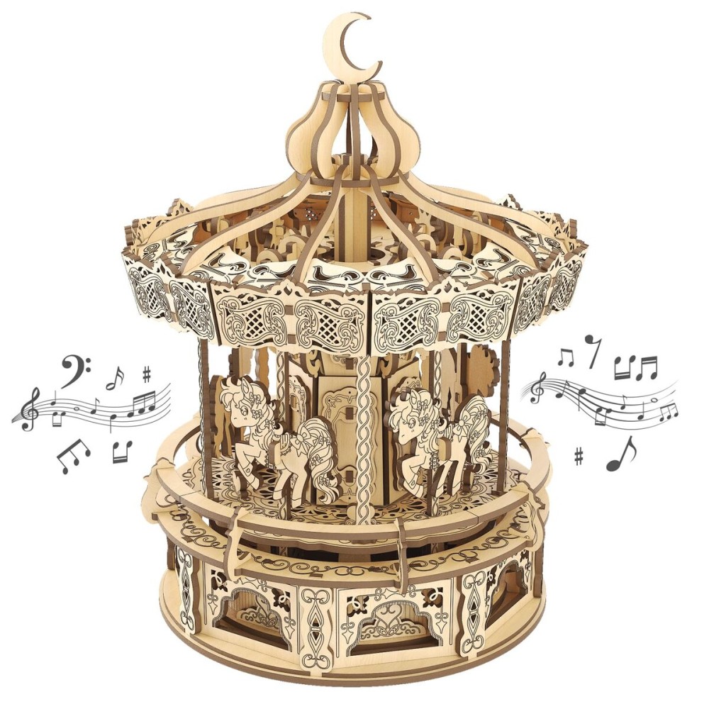 Playhiland 3D Wooden Puzzles for Adults - DIY Wooden Music Box, Merry-go-Round Model Kit - 274 Pieces Wooden Jigsaw - Brain Teaser - Birthday Gift for Boys and Girls/Adults