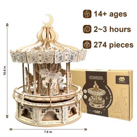 Playhiland 3D Wooden Puzzles for Adults - DIY Wooden Music Box, Merry-go-Round Model Kit - 274 Pieces Wooden Jigsaw - Brain Teaser - Birthday Gift for Boys and Girls/Adults
