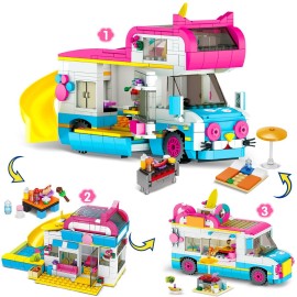CUBIMANA 3-in-1 Cat Car Building Set, Girls Camper Van Building Block Sets, Ice Cream Truck City Bus Toys with Slide and Stickers, Gifts for Kids Girls Boys Age 6 7 8 9 10 11 12+ (494PCS)