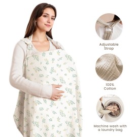 Konssy Muslin Nursing Cover for Baby Breastfeeding, Breathable 100% Cotton Breastfeeding Cover with Rigid Hoop for Mother Nursing Apron, Multi-use Carseat Canopy (Leafy)