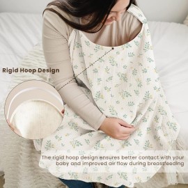 Konssy Muslin Nursing Cover for Baby Breastfeeding, Breathable 100% Cotton Breastfeeding Cover with Rigid Hoop for Mother Nursing Apron, Multi-use Carseat Canopy (Leafy)