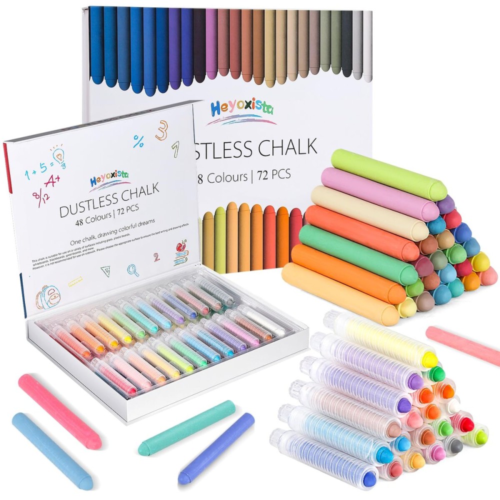 Heyoxista 72Pcs Colored Dustless Washable Chalk Set with 24 Holder - Non-Toxic Art & Drawing Supplies for Kids,Works on Glass/Paper/Wood/Tile (Avoid Rough Textures,Not For ROUGH Chalkboard Use)