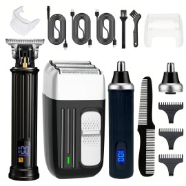 YHAYHO Hair Clippers for Men, Rechargeable T-Blade Hair Trimmer & Foil Shaver, Cordless Nose and Ear Hair Trimmer, Professional Hair Cutting Grooming Kit with LED Display (Black)
