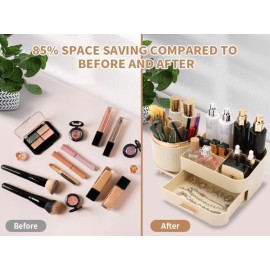 Molutsody Makeup Organizer for Vanity, Cosmetic Display Case with Drawers, Fits Makeup, Skincare Products, Brushes, Lipsticks, and Other Accessories, Versatile Storage Solution (Cream)