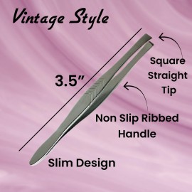 3 Vintage Style Square Tip Ribbed Professional Tweezers for Eyebrows Premium Precision for Facial Hair Splinter Ingrown Hair Removal Straight Tip Women men Made in Korea