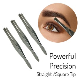 3 Vintage Style Square Tip Ribbed Professional Tweezers for Eyebrows Premium Precision for Facial Hair Splinter Ingrown Hair Removal Straight Tip Women men Made in Korea