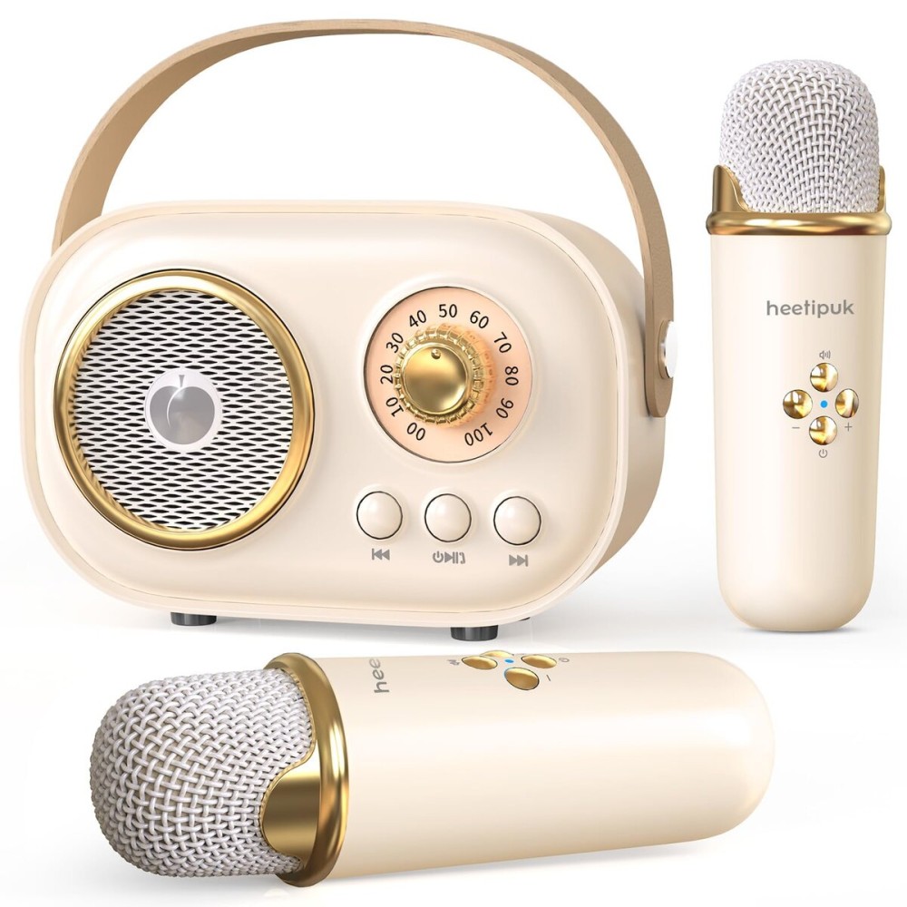 Karaoke Machine,Karaoke Machine for Adults,Mini Retro Portable Bluetooth Karaoke Speaker with 2 Wireless Microphone for Teaching Classroom Girls Kids Gifts Toys Family Outdoor Parties-Beige