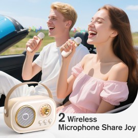 Karaoke Machine,Karaoke Machine for Adults,Mini Retro Portable Bluetooth Karaoke Speaker with 2 Wireless Microphone for Teaching Classroom Girls Kids Gifts Toys Family Outdoor Parties-Beige