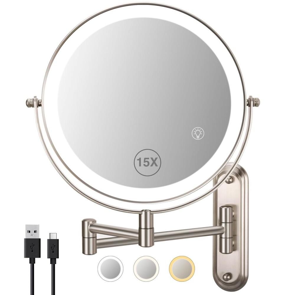 VORREMIRR 15x Magnifying Mirror, 8.5in Wall Mounted Lighted Makeup Mirror, Magnifying Mirror with Double-Sided, 3 Color Lights for Makeup,365Swivel for Shaving - Nickel