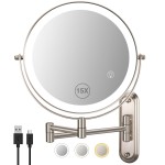 VORREMIRR 15x Magnifying Mirror, 8.5in Wall Mounted Lighted Makeup Mirror, Magnifying Mirror with Double-Sided, 3 Color Lights for Makeup,365Swivel for Shaving - Nickel
