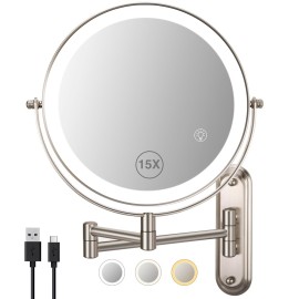 VORREMIRR 15x Magnifying Mirror, 8.5in Wall Mounted Lighted Makeup Mirror, Magnifying Mirror with Double-Sided, 3 Color Lights for Makeup,365Swivel for Shaving - Nickel