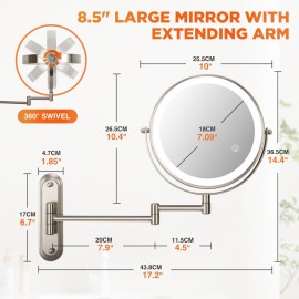VORREMIRR 15x Magnifying Mirror, 8.5in Wall Mounted Lighted Makeup Mirror, Magnifying Mirror with Double-Sided, 3 Color Lights for Makeup,365Swivel for Shaving - Nickel