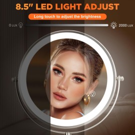 VORREMIRR 15x Magnifying Mirror, 8.5in Wall Mounted Lighted Makeup Mirror, Magnifying Mirror with Double-Sided, 3 Color Lights for Makeup,365Swivel for Shaving - Nickel