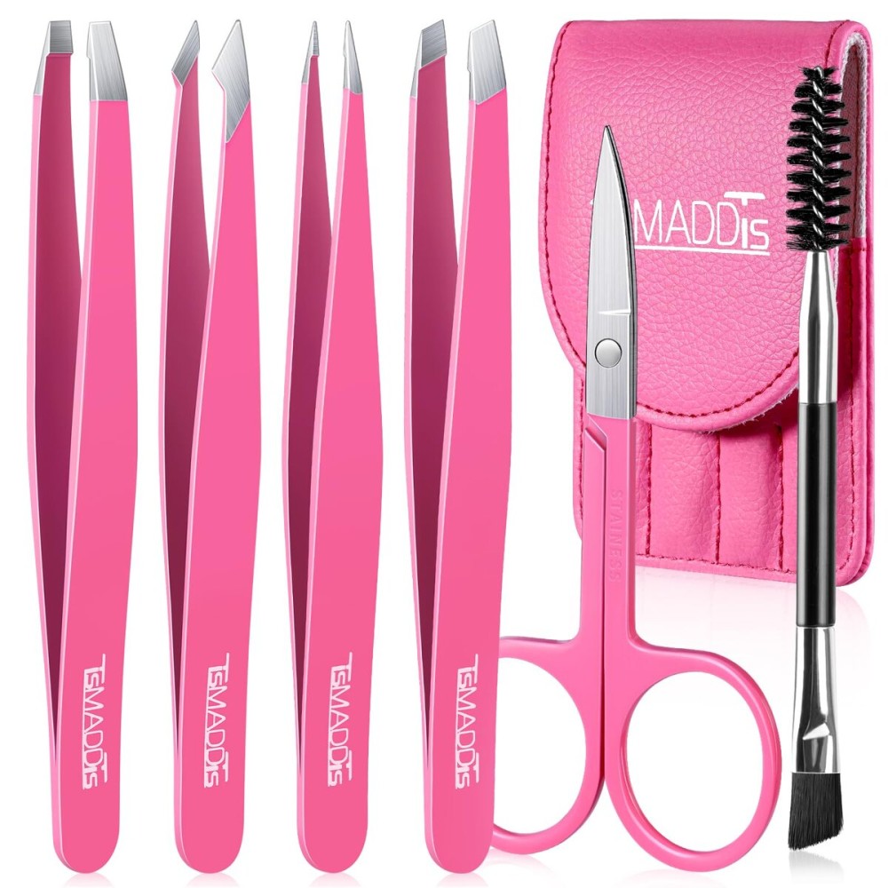 TsMADDTs 6 PCS Eyebrow Tweezers Set, Tweezers for Women Facial Hair with Curved Scissor and Eyebrow Brush for Ingrown Hair