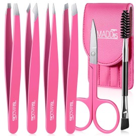TsMADDTs 6 PCS Eyebrow Tweezers Set, Tweezers for Women Facial Hair with Curved Scissor and Eyebrow Brush for Ingrown Hair