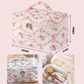 AMULOKRU Quilted Makeup Bag Large Capacity Cute Cosmetic Bags for Women Floral Coquette Aesthetic Travel Toiletry Make Up Organizer Bag