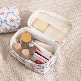 AMULOKRU Quilted Makeup Bag Large Capacity Cute Cosmetic Bags for Women Floral Coquette Aesthetic Travel Toiletry Make Up Organizer Bag