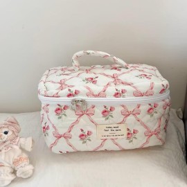 AMULOKRU Quilted Makeup Bag Large Capacity Cute Cosmetic Bags for Women Floral Coquette Aesthetic Travel Toiletry Make Up Organizer Bag