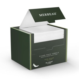 Merbeau Clean Facial Towels for Sensitive Skin, 100% USDA Biobased Face Towels, 50 Count, Ultra Soft, Makeup Remover Dry Wipes, Cotton