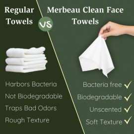 Merbeau Clean Facial Towels for Sensitive Skin, 100% USDA Biobased Face Towels, 50 Count, Ultra Soft, Makeup Remover Dry Wipes, Cotton