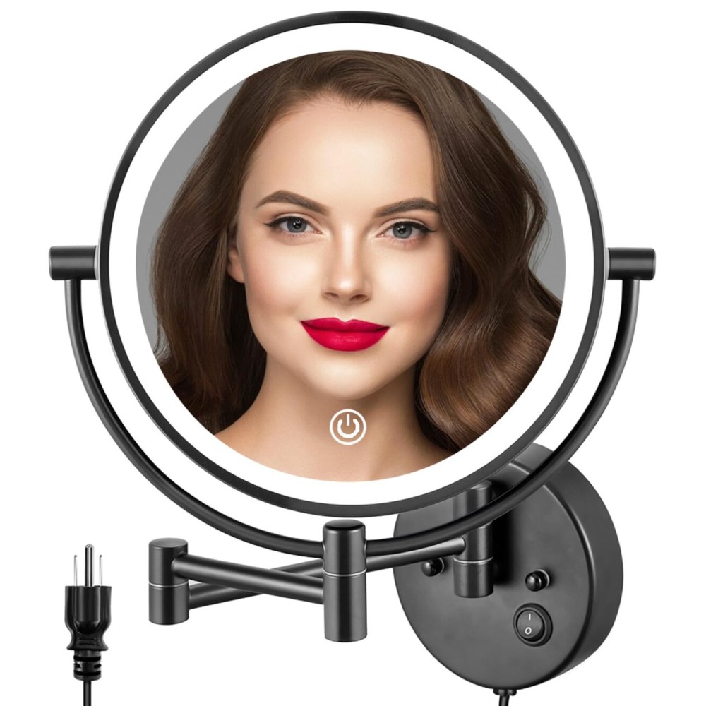 ALHAKIN 9 Wall Mounted Lighted Makeup Mirror, Large Double Sided 1X/10X Magnifying Mirror, 3 Color LED Vanity Mirror with Lights, Touch Dimmable 360 Swivel Light Up for Bathroom, Black
