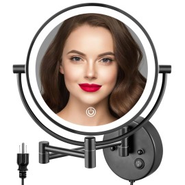 ALHAKIN 9 Wall Mounted Lighted Makeup Mirror, Large Double Sided 1X/10X Magnifying Mirror, 3 Color LED Vanity Mirror with Lights, Touch Dimmable 360 Swivel Light Up for Bathroom, Black