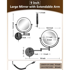ALHAKIN 9 Wall Mounted Lighted Makeup Mirror, Large Double Sided 1X/10X Magnifying Mirror, 3 Color LED Vanity Mirror with Lights, Touch Dimmable 360 Swivel Light Up for Bathroom, Black