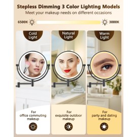 ALHAKIN 9 Wall Mounted Lighted Makeup Mirror, Large Double Sided 1X/10X Magnifying Mirror, 3 Color LED Vanity Mirror with Lights, Touch Dimmable 360 Swivel Light Up for Bathroom, Black