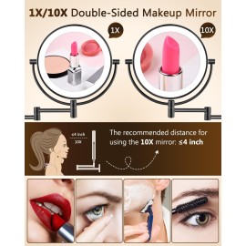 ALHAKIN 9 Wall Mounted Lighted Makeup Mirror, Large Double Sided 1X/10X Magnifying Mirror, 3 Color LED Vanity Mirror with Lights, Touch Dimmable 360 Swivel Light Up for Bathroom, Black