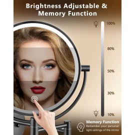 ALHAKIN 9 Wall Mounted Lighted Makeup Mirror, Large Double Sided 1X/10X Magnifying Mirror, 3 Color LED Vanity Mirror with Lights, Touch Dimmable 360 Swivel Light Up for Bathroom, Black