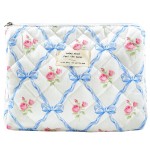 Sminra Makeup Bag Large Travel Quilted Cosmetic Makeup Bag Organizer, Floral Cotton Coquette Aesthetic Toiletry Bag for Women Girls (Blue Bow Flowers)