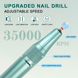 Nail Drill Cordless, 35000 RPM Electric Nail Filer for Acrylic Nails, Professional Acrylic Nail Kit with Bits, Rechargeable Nail Efile Portable Manicure Kit for Women Home & Salon (Green)