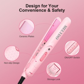 MELYDO Mini Portable Flat Iron, 0.7 Inch Dual Voltage Travel Hair Straightener - Small Flat Irons Hair Straightener for Short Hair, Curls Bangs, Worldwide-Use Travel Flat Iron, Pink