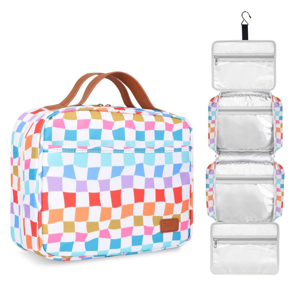 Travel Toiletry Bag for Women, Hanging Toiletry Bag with Hook Pastel Checkered Makeup Bag for Travel Size Toiletries, Cosmetics, Must Haves for Traveling Women