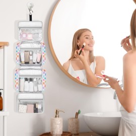 Travel Toiletry Bag for Women, Hanging Toiletry Bag with Hook Pastel Checkered Makeup Bag for Travel Size Toiletries, Cosmetics, Must Haves for Traveling Women