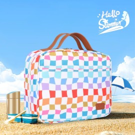 Travel Toiletry Bag for Women, Hanging Toiletry Bag with Hook Pastel Checkered Makeup Bag for Travel Size Toiletries, Cosmetics, Must Haves for Traveling Women