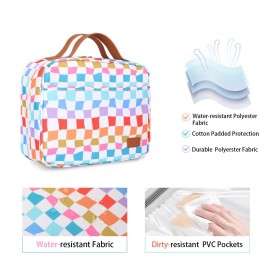 Travel Toiletry Bag for Women, Hanging Toiletry Bag with Hook Pastel Checkered Makeup Bag for Travel Size Toiletries, Cosmetics, Must Haves for Traveling Women