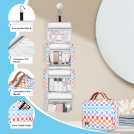Travel Toiletry Bag for Women, Hanging Toiletry Bag with Hook Pastel Checkered Makeup Bag for Travel Size Toiletries, Cosmetics, Must Haves for Traveling Women