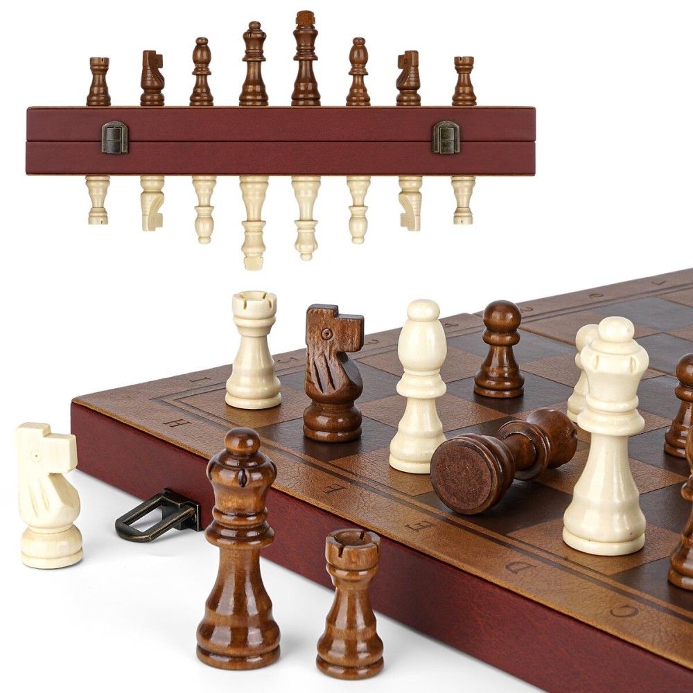 Strong Magnetic Chess Set for Adults & Kids, 15.4 Leather Chess Board & Handcrafted Wooden Chess Pieces with Storage Slots, Portable Travel Chess Game for Beginner and Professional