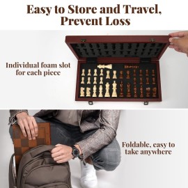 Strong Magnetic Chess Set for Adults & Kids, 15.4 Leather Chess Board & Handcrafted Wooden Chess Pieces with Storage Slots, Portable Travel Chess Game for Beginner and Professional