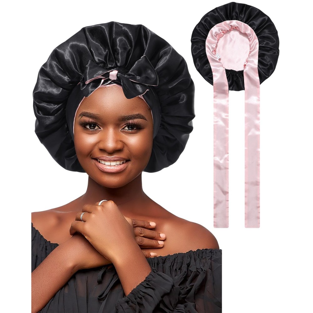 Satin Bonnet Silk Wrap for Sleeping - Reversible Night Cap with Tie Band for Curly Hair (Black + Pink)